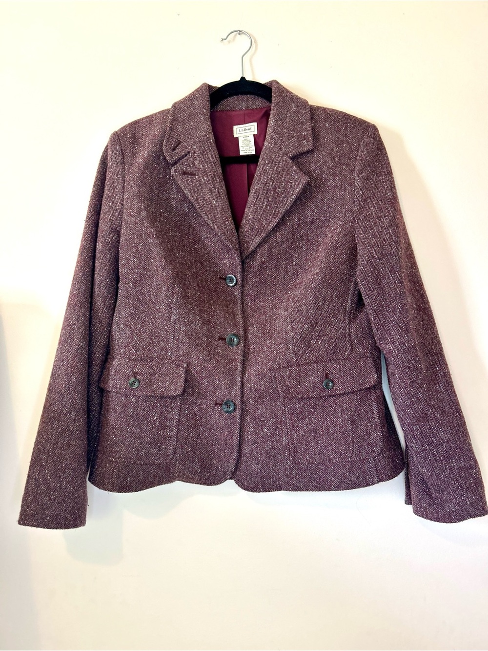 L.L. Bean Wool Silk Tweed Blazer Jacket Burgundy Herringbone Medium M Academia